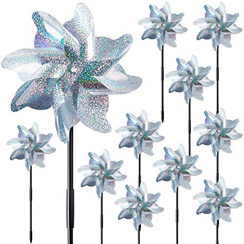 NOVWANG 16 PCS Reflective Pinwheels with Stakes, Extra Sparkly Pinwheels for Yard and Garden Pinwheels Bulk, Bird and Animal Deterrent Device to Scare Birds Away from Patio(Silver)