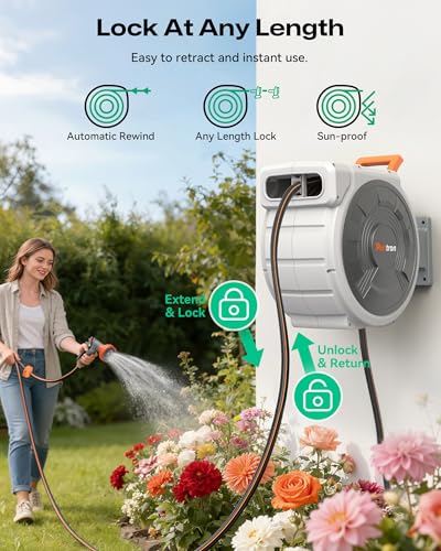 Retractable Garden Hose Reel 85 ft x 1/2 inch, Heavy Duty Automatic Garden Hose Reels, High-Flow, Any Length Lock, 180° Swivel Bracket, Brass Fitting, Wall Mount Water Hose Reel for Outside - color: 85 Ft X 1/2 Inch