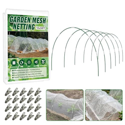 Garden Netting Kit for Raised Beds, 10x50FT Ultra Fine Mesh Netting ＆6 Sets Fiberglass Garden Hoops, Insect Netting for Garden Plant Row Cover Vegetable Flowers Protection Barrier