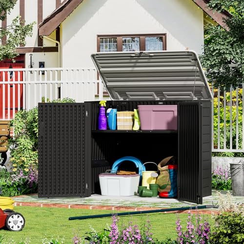 ZZM Large Outdoor Storage Shed, 48 Cu Ft Resin Versatile Storage Cabinet for Patio Accessories, Trash Cans & Garden Tools, Durable Horizontal Storage Box with Lockable Lid (Black) - color: Gray-48 cu ft