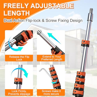 26FT Reach Manual Pole Saw, Tree Trimming Pruner with 5-20 FT Extendable Flip & Screw Dual Lock Pole, Adjustable Long Handle High Reach Cutter for Yard & Garden - size: 5-20FT