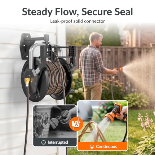 Giraffe Tools Garden Hose Reel, Wall Mounted 125FT 5/8" Hose Capacity, Heavy Duty Water Hose Reel for Outside, Retractable Hose Guide with Crank Handle, 210° Swivel, for Yard Lawn Garage