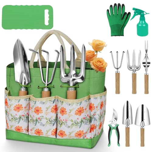 Gardening Tools 10-Piece Heavy Duty Stainless Steel Hand Tools with Durable Garden Tools Storage Tote,Rust-Proof Garden Tool Set, Ideal Gardening Gifts for Women Yellow Floral Pattern Design - style: Yellow Floral