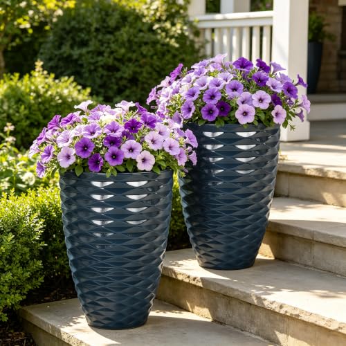 19" Wavy Ceramic-Look Outdoor Planters for Plants Set of 2 Tall Pots - color: 19"h-navy Blue Wavy