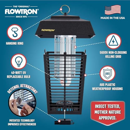 Flowtron Bug Zapper, 1 Acre of Outdoor Coverage with Powerful 40W Bulb & 5600V Instant Killing Grid with Mosquito Attractant Cartridge