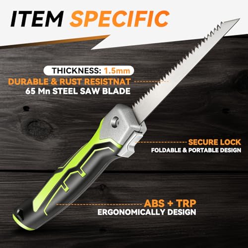 Auto Dynasty Folding Handsaw with Triple Ground Teeth, Drywall Saw, Oil-Resistant Comfort Grip for Drywall, Wallboard, Plywood, Sheetrock, Plasterboard, Green - style: Folding Wallboard Saw