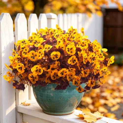 16 Faux Fall Pansy Flowers, UV Resistant Artificial Outdoor No Fade Plants - color: Fall Yellow&wine Red