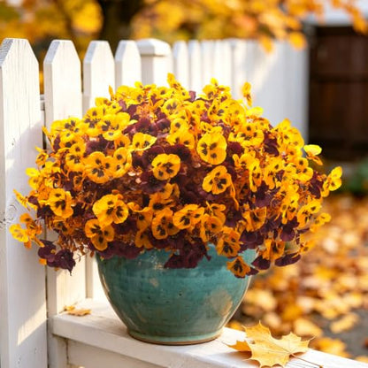 16 Faux Fall Pansy Flowers, UV Resistant Artificial Outdoor No Fade Plants - color: Fall Yellow&wine Red