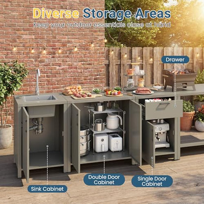 Wisteria Lane Outdoor Storage Cabinet with Stainless Steel Sink, Aluminum Modular Outdoor Kitchen, All Weather Kitchen Island with Storage and Drawers for BBQ, Porch, Backyard - size: Sink Cabinete + Single Drawer Cabinet
