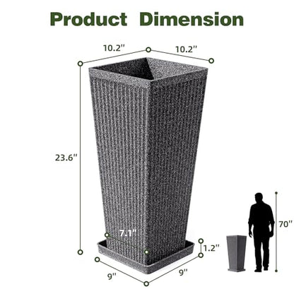Square Tall Planters for Outdoor Plants with Tray - 24" Gray 2Pack - color: Grey-sandblasting