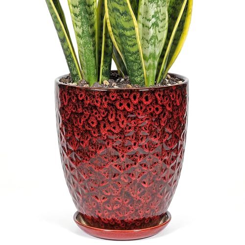11.8 Inch Flower pots for Indoor Plants,Ceramic Planter with Saucer Drainage Leak-Proof Mesh Gardening Gloves (Diamond Red) - color: Diamond Red, size: 11.8 Inch