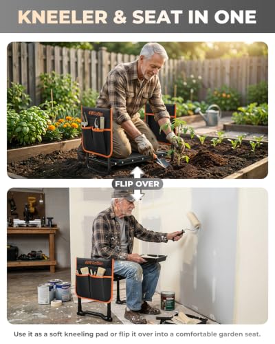 KVR Garden Kneeler and Seat with 2 Tool Pouches, Heavy Duty Foldable Gardening Stool, Portable Bench with Thick EVA Foam for Knee Support, Gifts for Seniors, Black/Orange