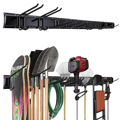 66'' Heavy-Duty Garage Tool Organizer Wall Mount – 720lbs Capacity Metal Rack with Adjustable Hooks for Rake, Broom, Shovel, Snowboard & Garden Tools