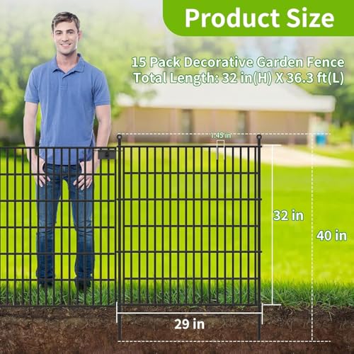 15 Panels No Dig Garden Fence with Gate, 32 in(H) X36.3 ft(L) Metal Fence Panels, Thickened Rustproof Garden Fencing, Animal Barrier Fence for Dogs, Rabbits, and Patio - size: 32 in(H)×29in(L)