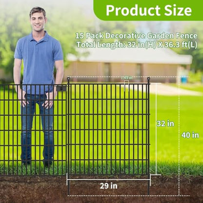 15 Panels No Dig Garden Fence with Gate, 32 in(H) X36.3 ft(L) Metal Fence Panels, Thickened Rustproof Garden Fencing, Animal Barrier Fence for Dogs, Rabbits, and Patio - size: 32 in(H)×29in(L)