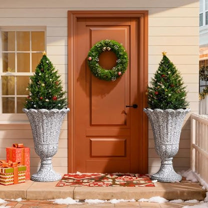 Tall Plastic Urn Planters and Pedestal - 24" Outdoor Planter Grey - color: Heather Gray-petal