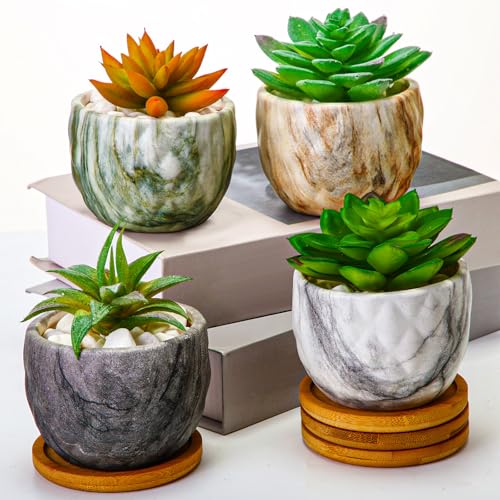Ziliny Marbling Ceramic Flower Pot 3.35 Inch Succulent Small Plant Cactus Herbs Planter Ceramic Pot with Drainage Hole Matte Round Container(4 Pcs,Modern Style) - style: Modern