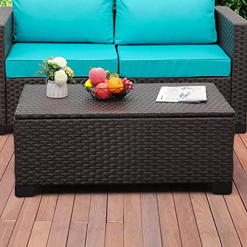 Rattaner Outdoor Storage Table Wicker Patio Coffee Table All-Weather Wicker Side Table with Waterproof Cover, Brown - color: Brown