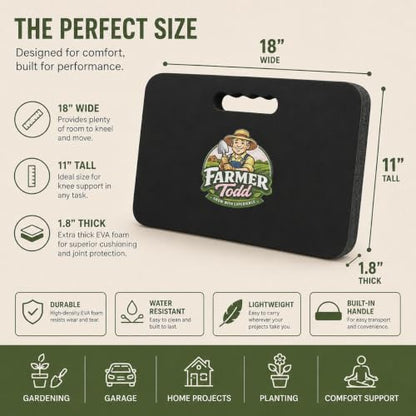 Farmer Todd Extra Thick Kneeling Pad for Gardening – 1.8” Thick High Density EVA Foam – Comfortable Garden Knee Pad with Handle – Heavy Duty, Waterproof, Non-Slip Outdoor Yard Cushion