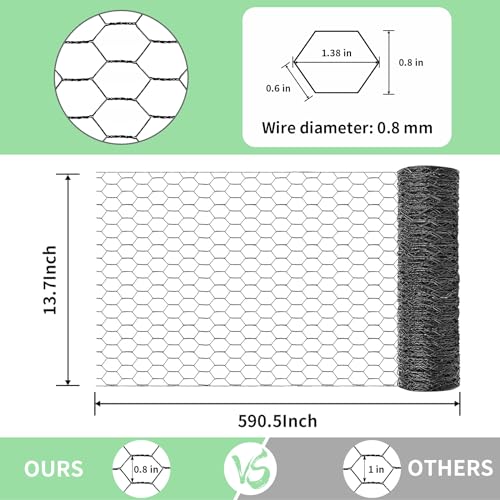 Chicken Wire 13.7 in x 590.5 in Poultry Wire Netting Hexagonal Galvanized Mesh Garden Fence Barrier for Pet Rabbit Chicken Fencing with 100 Pcs Cable Zip Ties(PVC-Coated) - color: Black, size: 13.7"x590.5"+100Ties