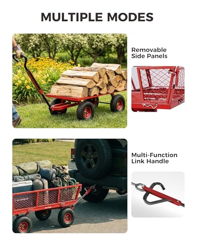 900 Lbs Heavy Duty Steel Garden Cart, Outdoor Metal Garden Wagon On Wheels, Utility Yard Cart with Mesh Removable Sides(Convert to Flatbed) and Removable Handle (to Wheel Barrow), Deep Red - color: Red