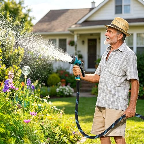 Expandable Garden Hose 50 ft with 10 Function Spray Nozzle, Flexible, Kink Free, Leak-Proof, Ultra Lightweight Retractable Stretch Water Hose 50ft for Yard, Lawn, Car Wash and Outdoor (Black & Blue)