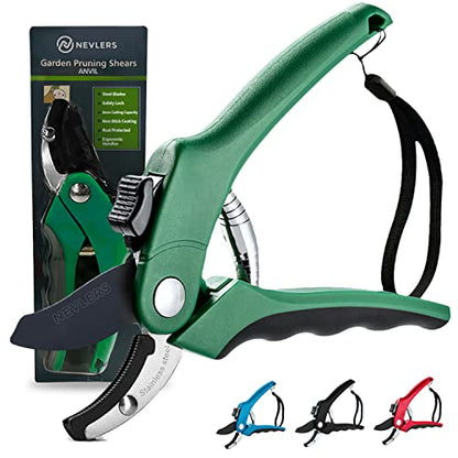 Nevlers 8" Green Anvil Pruning Shears Heavy Duty Plant Shears w/8mm Cut Cap - color: Green, size: Anvil