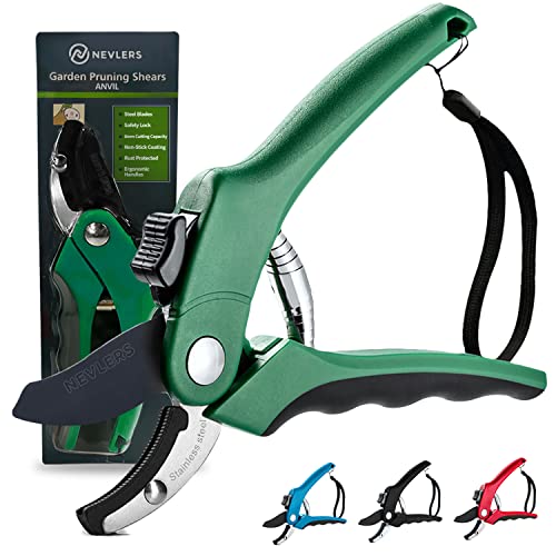 Nevlers 8" Green Anvil Pruning Shears Heavy Duty Plant Shears w/8mm Cut Cap - color: Green, size: Anvil