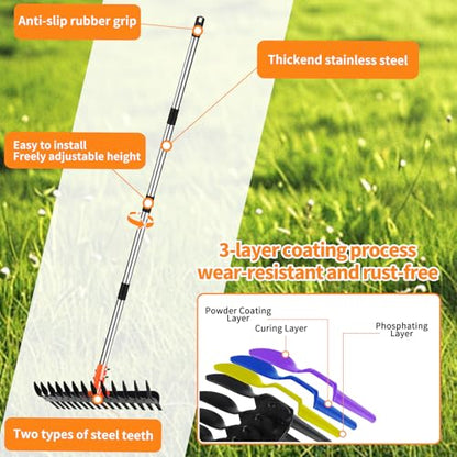 2-in-1 Thatch Rake with Dual Different Tines - Dethatcher Rake for Lawns, Versatile Lawn Rake for Thatch Removal and Soil Care, Heavy Duty Garden Rake Includes Reusable Waste Bag & Gloves