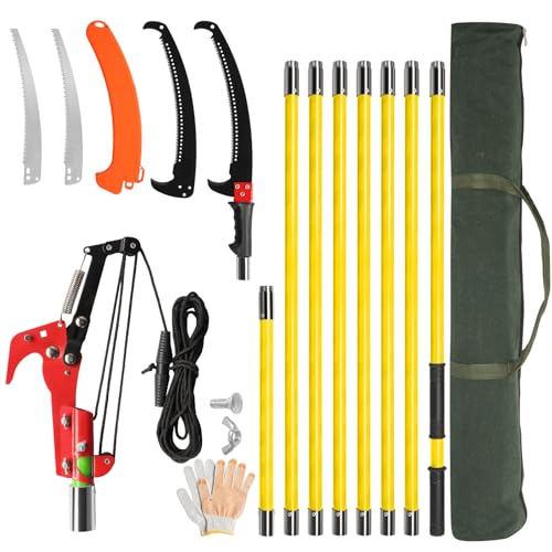 VINGLI 26FT Manual Pole Saw for Tree Trimming, Extendable Tree Pruner, Sharp Steel Blade and Scissors, High Tree Branch Cutter with Lightweight 8 Fiberglass Long Handles, for Pruning Palms and Shrubs - color: Yellow, size: 26ft