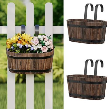 2-Pack Hanging Flower Pots with Drainage Holes, Wooden Railing Planters - color: Carbonized-2pcs, size: Small