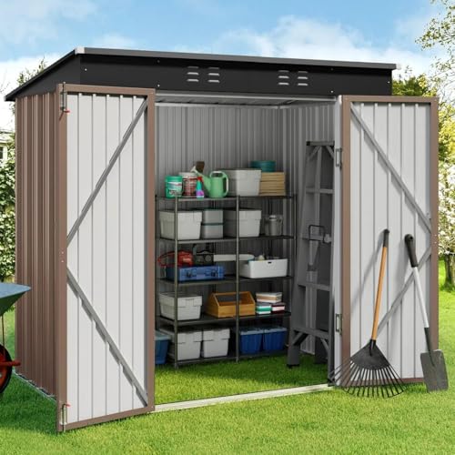 Gizoon 6x4 FT Outdoor Shed, Metal Garden Shed Lockable Doors, Brown - color: Brown, size: 6' x 4' FT/Sloped-roof