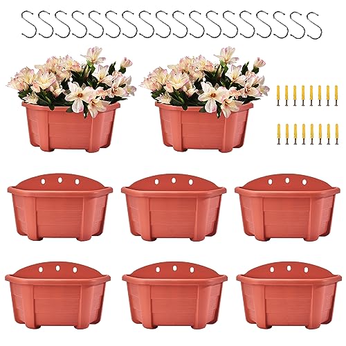ORIMERC 9.8 inch 8 Pack Brick Red Wall Hanging Planters for Indoor Outdoor Plants Hanging Plant Holder with Drainage Hole Fence Balcony Planters Railing Hanging Pot Plant Wall Mount Decor with Hooks - color: Brick Red