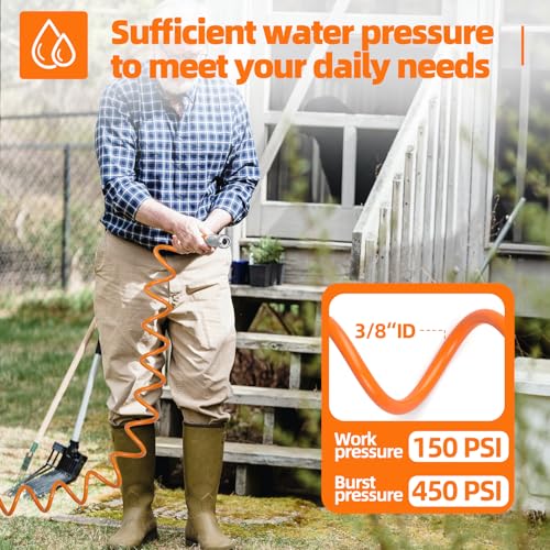 SPECILITE 3/8" Lightweight Coil Garden Hose 100 FT, EVA Flexible Water Hose - color: Orange, size: 100FT