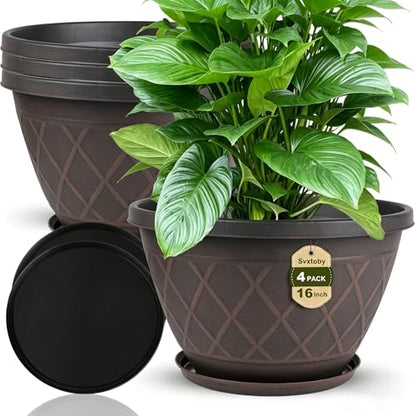 4 Pack 16 Inch Large Plastic Plant Pots with Drainage Holes & Saucers - color: Plaid Pattern-brown, size: 16 Inch - 4Pack