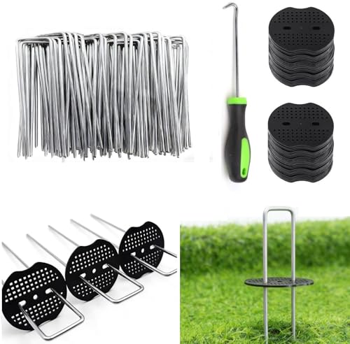 4 Inch 100 PCS Galvanized Landscape Staples with 100 PCS Gaskets, Landscape Fabric Pins Stakes Lawn Ground Cover Graden Staples Spikes Weed Barrier Stakes - size: 4" 100 Pack