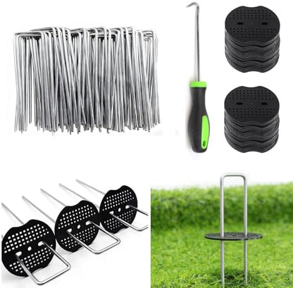 4 Inch 100 PCS Galvanized Landscape Staples with 100 PCS Gaskets, Landscape Fabric Pins Stakes Lawn Ground Cover Graden Staples Spikes Weed Barrier Stakes - size: 4" 100 Pack