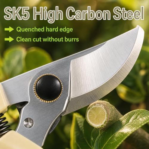 Bypass Pruning Garden Shears, 130mm SK5 Steel Lockable Clippers with Non-Slip Handle for Yard Plants, Roses & Shrubs