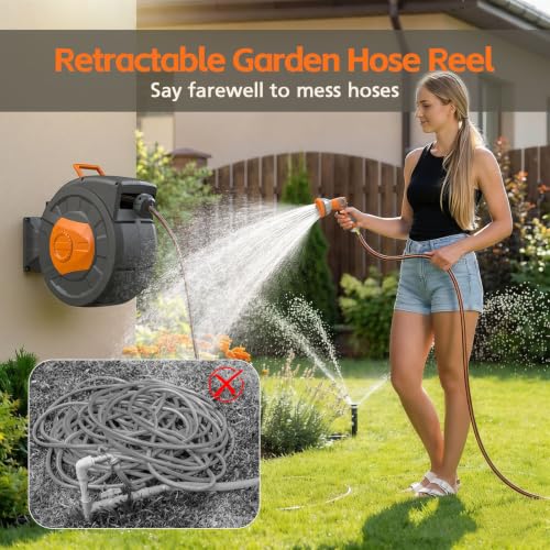 Retractable Garden Hose Reel 100 FT, 1/2" Heavy Duty Garden Hose - color: Gray & Orange