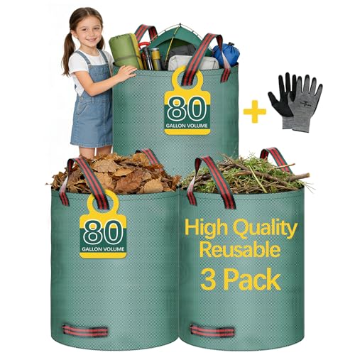3 Pack 80 Gallon lawn leaf bags leaf bags yard waste bags,Gardening gloves included,Cleaning fallen leaves, weeds, outdoor and camping supplies; or use for moving