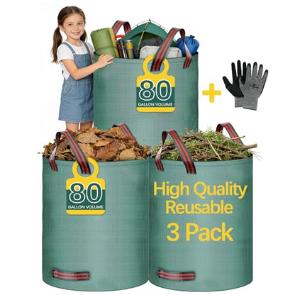 3 Pack 80 Gallon lawn leaf bags leaf bags yard waste bags,Gardening gloves included,Cleaning fallen leaves, weeds, outdoor and camping supplies; or use for moving