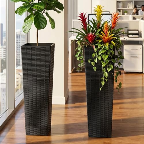 Tall Planter for Outdoor Plants Set of 2 | 32" Front Porch Planters Tall Resin Planters with Rattan Texture，Inner Pots Drainage Holes for Trees,Porch,Garden,Yard,Black