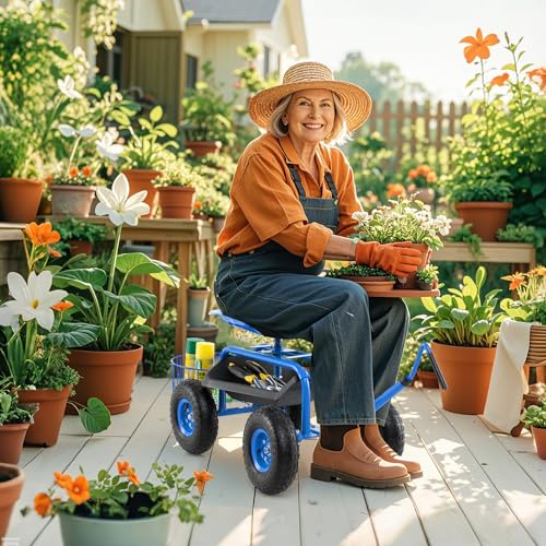 Rolling Garden Seat, Garden Stool with Wheels, Extendable Handle, Storage Basket & Tool Tray, Garden Scooter with 360 Degree Swivel Seat for Outdoor, Garden & Yard (Blue) - color: Blue