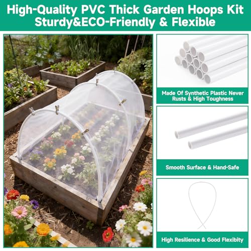 Greenhouse Garden Hoops for Raised Beds Plant Cover Netting, 36pcs PVC Adjustable Garden Hoop with 20 Clips for Shade Cloth Net, Rust-Free Green House Hoops Grow Tunnel Plant Hoop Support DIY Frame