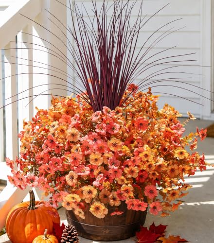Fall Flowers Artificial Mums for Outdoors Autumn Decor, 12 Bundles Fake Fall Mums with 1 pcs Burgundy Grass UV Resistant Realistic Faux Flowers for Outside Home Porch Patio Planter Yard, Orange Yellow - color: Fall Orange Yellow