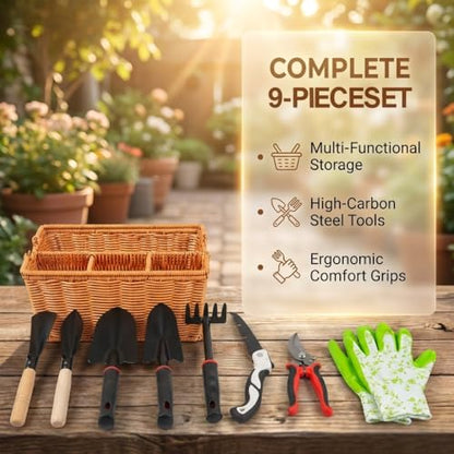 Garden Tools Set, 9 Pieces, Brown - color: brown