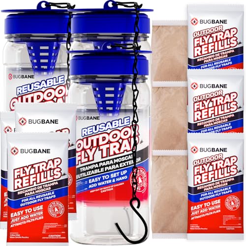 3 Reusable Outdoor Fly Trap with Chains with 9 Non-Toxic Dissolvable Bait Refills