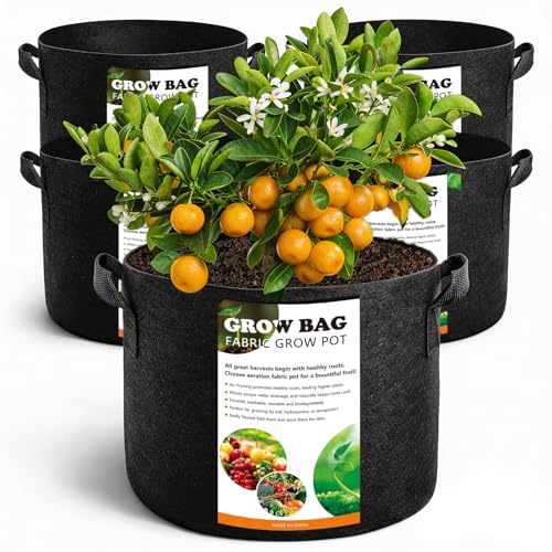 5 Pack 7 Gallon Grow Bags with Handles, Thickened Aeration Nonwoven Fabric Garden Growing Bags Heavy Duty 300G for Tomato, Potato, Strawberry, Vegetable, Fruits and Flowers - size: 7 Gallon