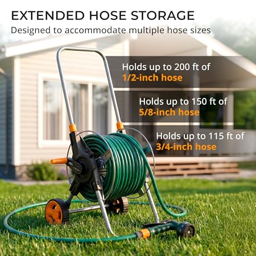Garden Hose Reel Cart with Wheels, Hold Up to 150 ft of 5/8-inch Garden Hose, Water Hose Reel Cart with Adjustable Handle, Non-Slip Grip and Quick Hose Connectors for Garden and Backyard