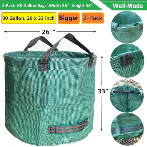 Professional 2-Pack 80 Gallon Big Lawn Garden Bags (D26,H33 inch) Yard Waste Bag with Gardening Gloves for Leaf Bag,Yard Debris,Garden Pruning,Trash Container,Lawn Grass Clippings,Weeds Bags 4 Handles
